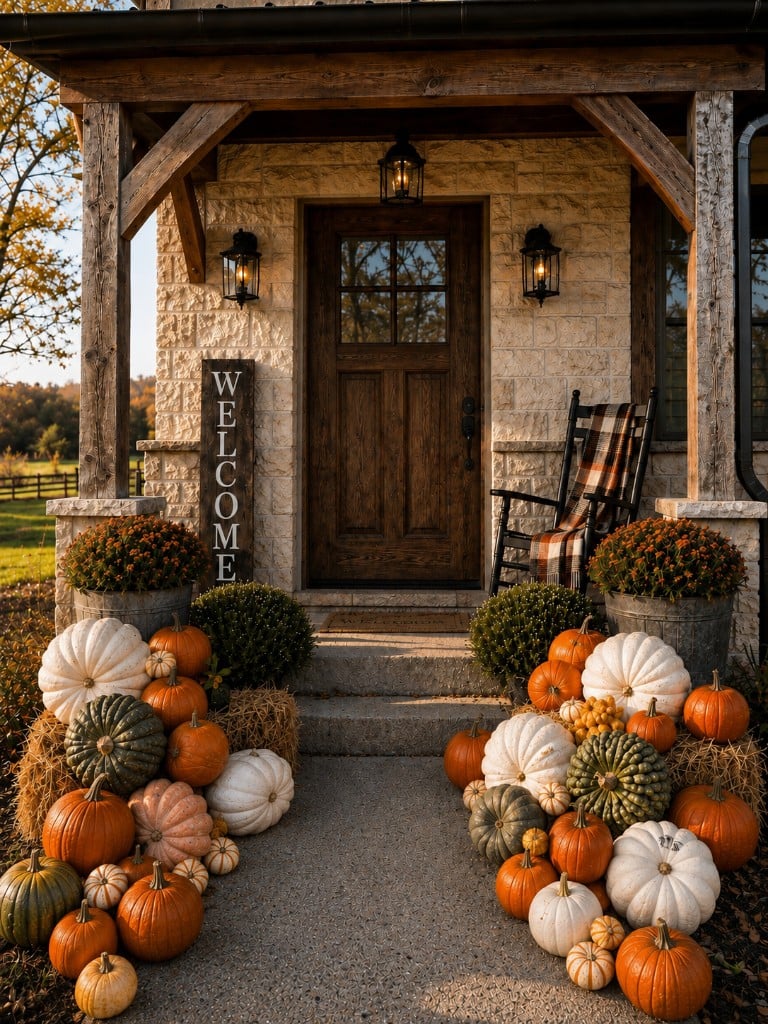 Pumpkins, hay bales, and mums styled across a stone porch