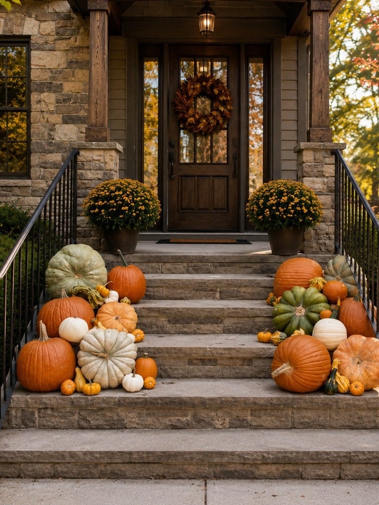 Pumpkins styled on either side of stone steps