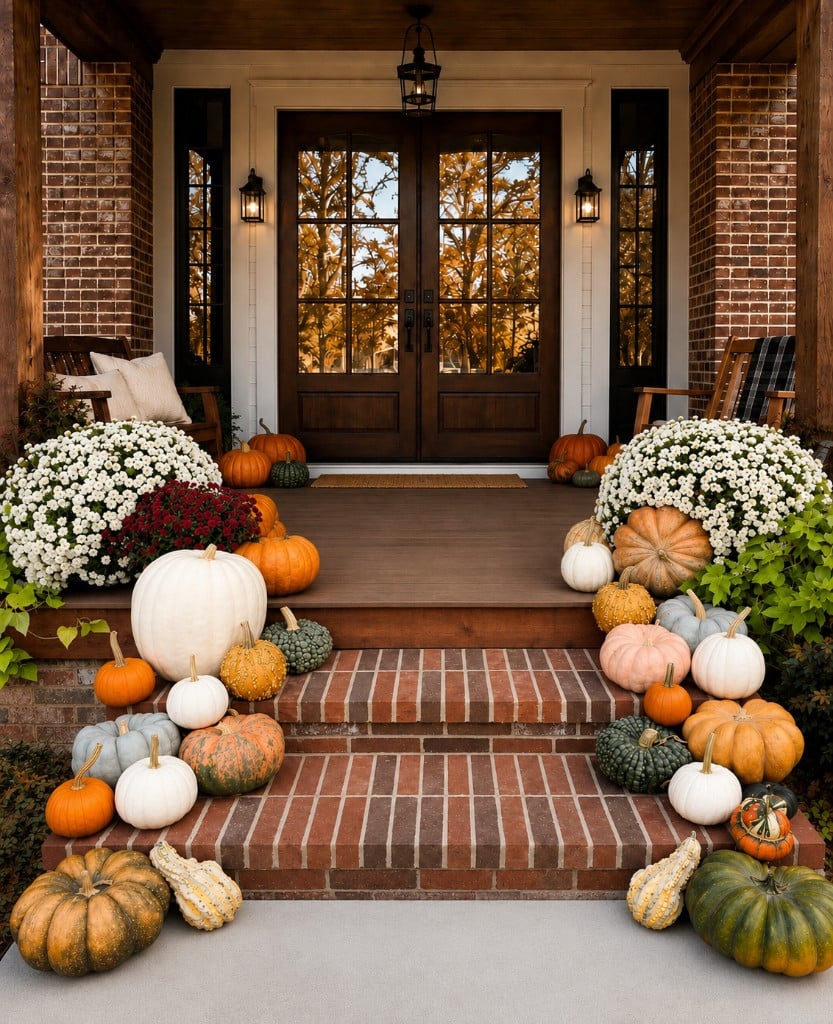 Heirloom pumpkins and white mums on a brick porch